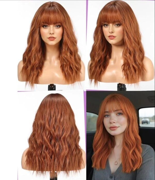 WOKESTAR Long Wig with Fringe Synthetic Wavy Wigs for Women Ginger Color