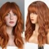 WOKESTAR Long Wig with Fringe Synthetic Wavy Wigs for Women Ginger Color
