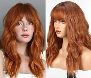 WOKESTAR Long Wig with Fringe Synthetic Wavy Wigs for Women Ginger Color