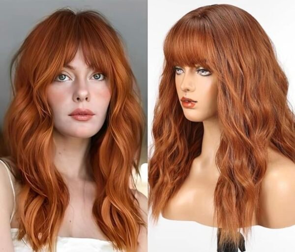 WOKESTAR Long Wig with Fringe Synthetic Wavy Wigs for Women Ginger Color