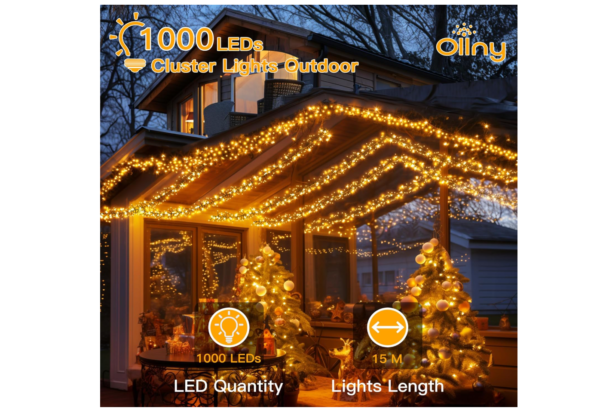 Ollny Outdoor Christmas Lights 15m 1000 LEDs Mains Powered Waterproof String Lights – Warm White