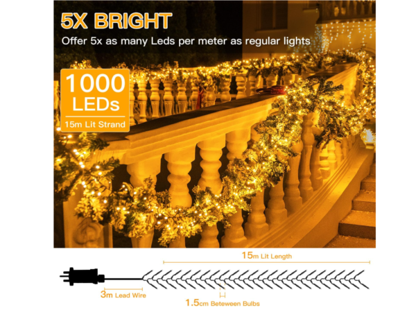 Ollny Outdoor Christmas Lights 15m 1000 LEDs Mains Powered Waterproof String Lights – Warm White