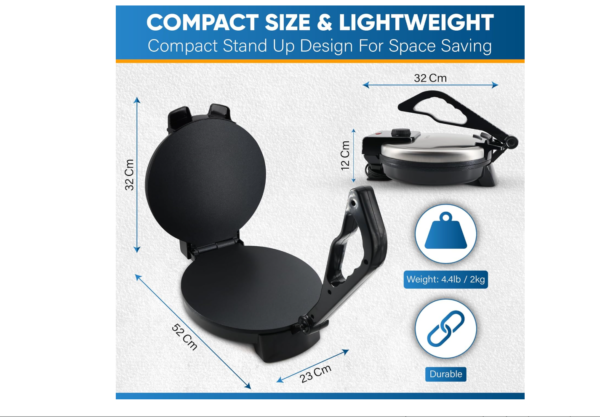 StarBlue 25.4cm Roti Maker Machine with Free Roti Heater and Removable Handle - Indian Chapati, Tortilla, Roti AC220-240V 50/60Hz 1200W, UK Plug