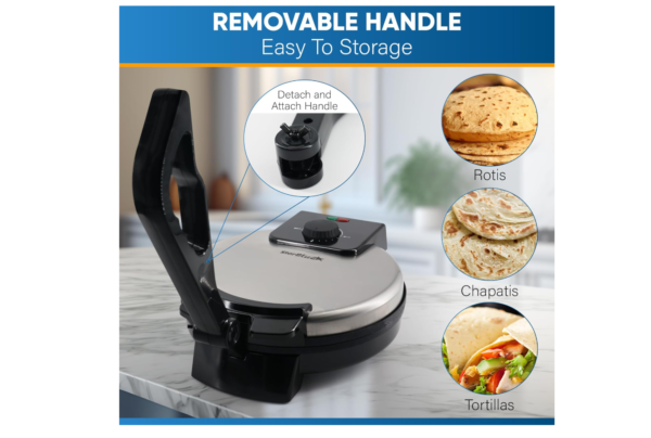 StarBlue 25.4cm Roti Maker Machine with Free Roti Heater and Removable Handle - Indian Chapati, Tortilla, Roti AC220-240V 50/60Hz 1200W, UK Plug