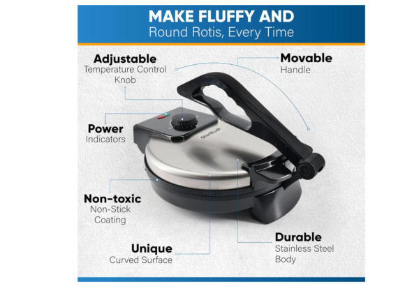 StarBlue 25.4cm Roti Maker Machine with Free Roti Heater and Removable Handle - Indian Chapati, Tortilla, Roti AC220-240V 50/60Hz 1200W, UK Plug