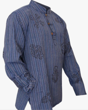 Unisex Stonewashed Striped Grandad Shirt Lightweight – Blue M