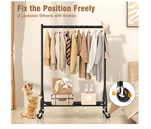 Screenshot 2025-12-29 135030 EAGMAK Heavy Duty Clothes Rail Load 180 KG, Rolling Garment Rail with Lockable Wheels, Standing Metal Clothing Rack, Portable Wardrobe Rack Sturdy Coat Hanging Rail for Hanging Clothes (Black)
