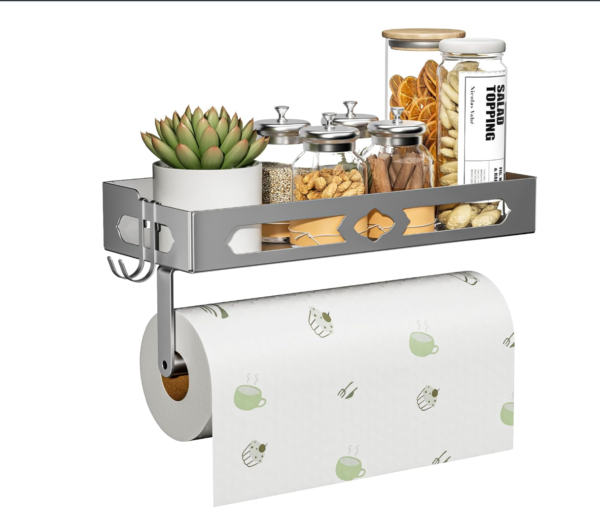 ZDDLOINP Wall-Mounted Spice Rack with Roll Holder Hooks – Silver