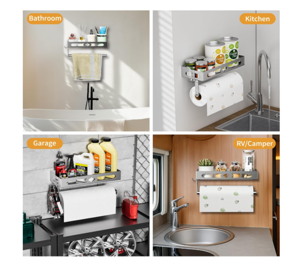 ZDDLOINP Wall-Mounted Spice Rack with Roll Holder Hooks – Silver