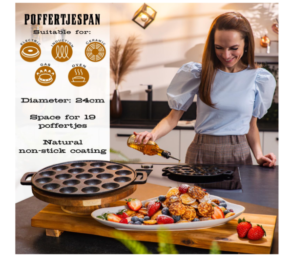 IRONO Poffertjes Pan - Mini Pancake Maker - Pancake Pan - 19 Mini Pancakes - Eggs Crepe Pan - Cast Iron