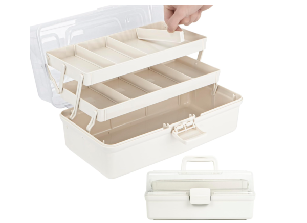Creahaus 14in 3 Layer Multipurpose Storage Box/Craft Storage Boxes With Compartments/Plastic Tool Box/Medicine Storage Box/Hair Accessories Organiser/Sewing Box with 2 Trays (White)