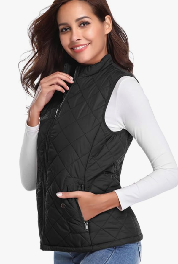 fuinloth Women's Quilted Gilet, Lightweight Body Warmer Zip Padded Stand Collar Vest Black Small