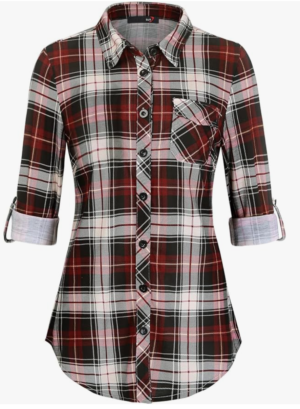 Womens Soft Knitted Plaid Button Down Shirt Long Sleeve Blouse – Haute Red Plaid XL