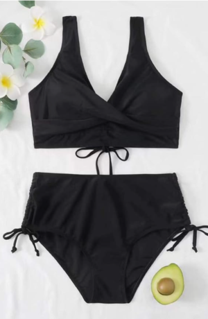 Women's High Waisted Criss Cross Bikini Set Push Up Ruched 2 Piece Swimsuit – Black XXL