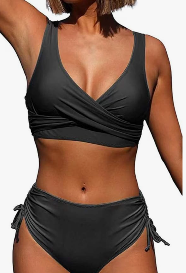 Women's High Waisted Criss Cross Bikini Set Push Up Ruched 2 Piece Swimsuit – Black XXL