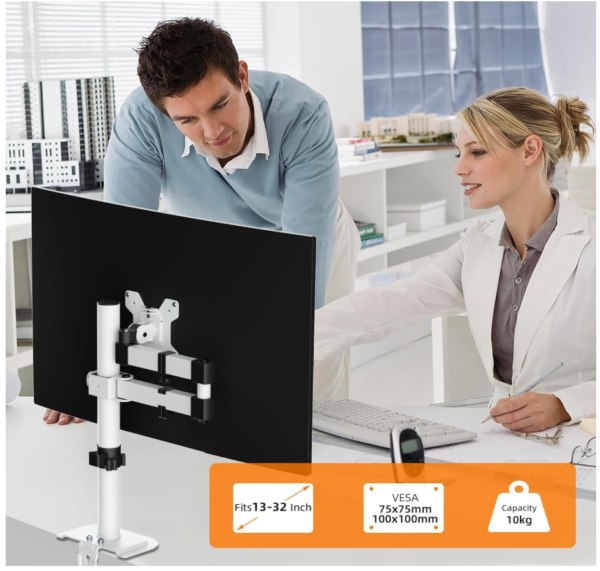 Screenshot 2026-01-02 021241 Single Monitor Arm Desk Mount, Max Load 10kg, Single Monitor Mount for 13-32 inch LCD LED Screens, Adjustable Single Desk Mount with Tilt Swivel Rotation, 2 Mouting Options, Vesa 75x75/100x100mm White