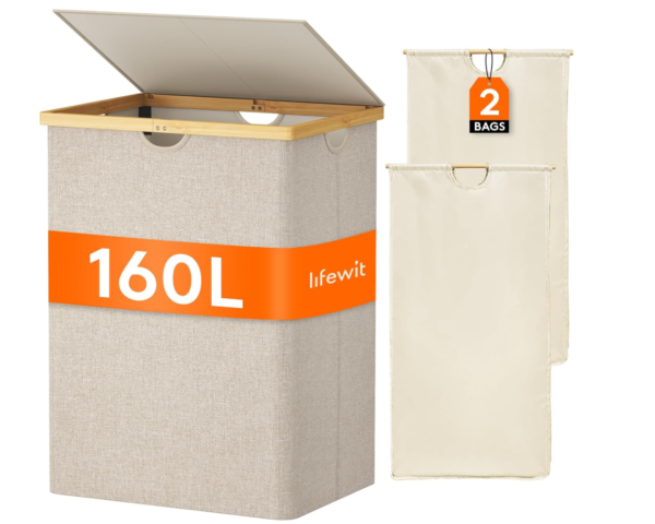 Screenshot 2026-01-02 030803 Lifewit 160L Double Laundry Hamper with Lid, Extra Large Bamboo Laundry Basket Dirty Clothes Hamper, 2 Section Laundry Bin Organizer for Laundry Room Bedroom with 2 Removable Liners & Bags, Beige