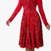Women's Long Sleeve A-Line Midi Dress Sparkly Sequins with Pockets – Red XL