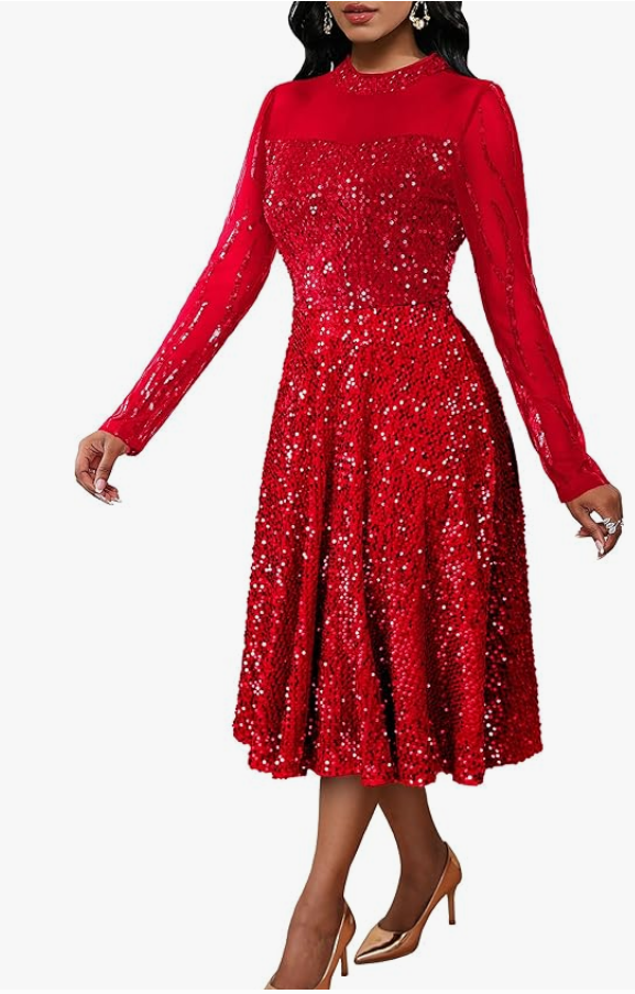 Women's Long Sleeve A-Line Midi Dress Sparkly Sequins with Pockets – Red XL