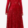 Women's Long Sleeve A-Line Midi Dress Sparkly Sequins with Pockets – Red XL