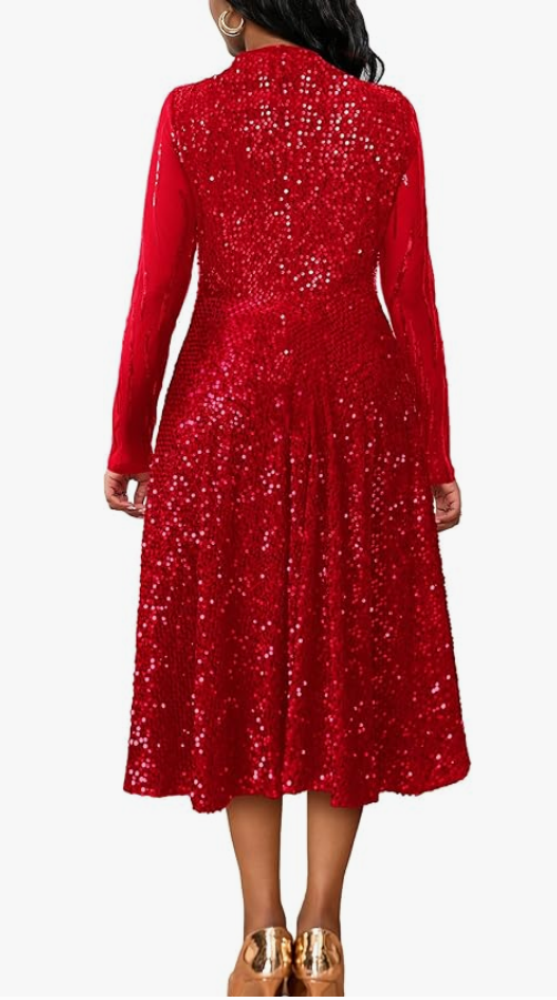 Women's Long Sleeve A-Line Midi Dress Sparkly Sequins with Pockets – Red XL