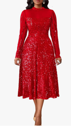 Women's Long Sleeve A-Line Midi Dress Sparkly Sequins with Pockets – Red XL
