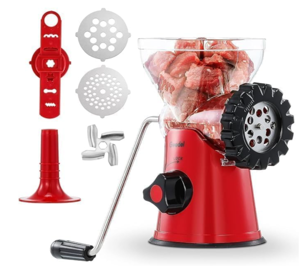 Geedel Meat Grinder 4 in 1 Manual Mincer Sausage Maker with Suction Base – Red