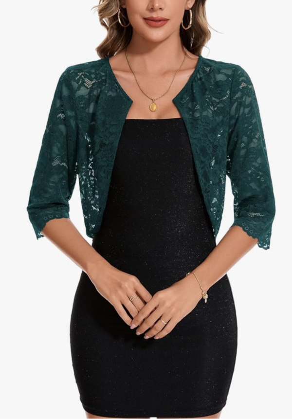Screenshot 2026-01-11 133950 Women’s Hook Button Cardigan Lace Bolero Shrug 3/4 Sleeve – Dark Green M
