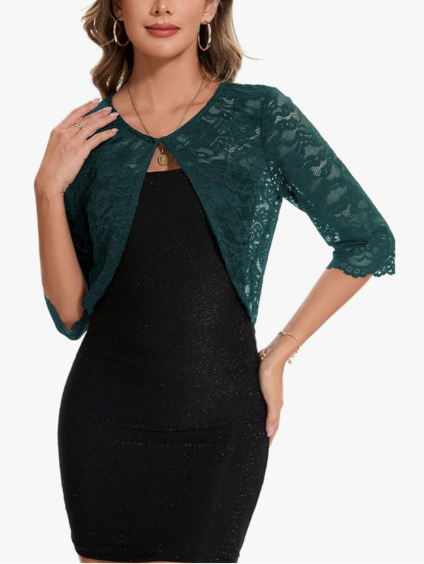 Screenshot 2026-01-11 133957 Women’s Hook Button Cardigan Lace Bolero Shrug 3/4 Sleeve – Dark Green M