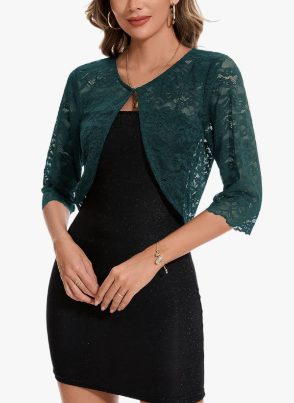 Screenshot 2026-01-11 134003 Women’s Hook Button Cardigan Lace Bolero Shrug 3/4 Sleeve – Dark Green M