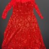 Women's Long Sleeve A-Line Midi Dress Sparkly Sequins with Pockets – Red XL