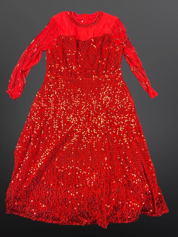 Women's Long Sleeve A-Line Midi Dress Sparkly Sequins with Pockets – Red XL